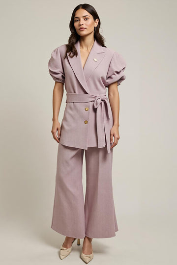 Grey Pink 2 Piece Peak Lapel Work Suit with Sash